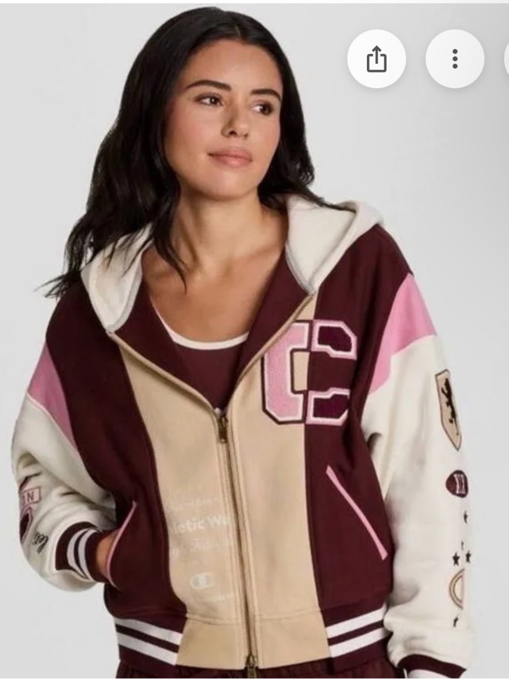 Champion Colorblock Hooded Varsity Jacket in Burgundy, Cream & Pink
